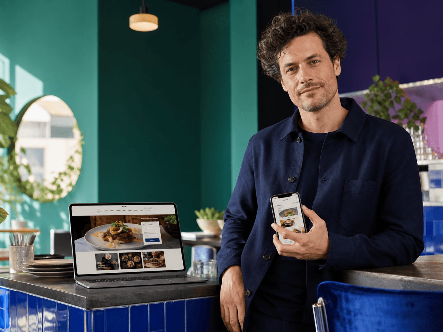 Restaurant owner with a restaurant website and mobile ordering app